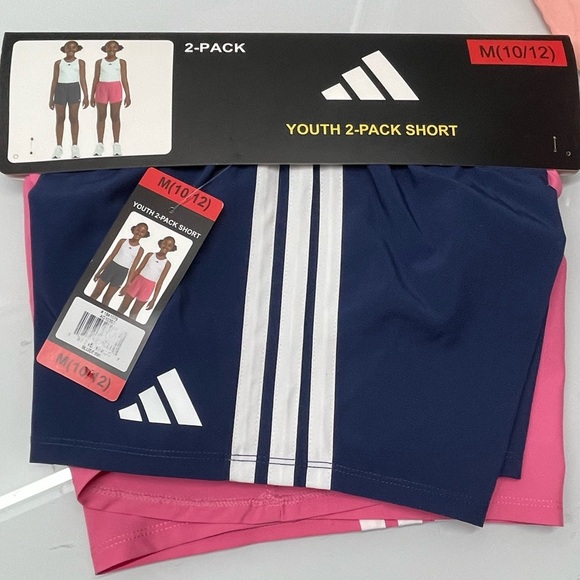 Adidas YOUTH 2 PACK SHORT- Navy Pink available Sizes: M (10/12), L (14) - Picture 1 of 14